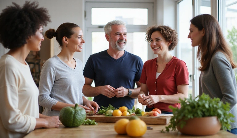 Group of diverse people smiling and talking about healthy food