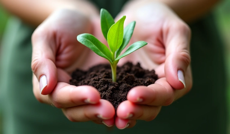 Hands holding a vibrant green plant sprout, symbolizing growth and health