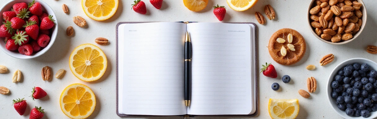 Open notebook with healthy snacks and a pen, symbolizing learning and healthy living