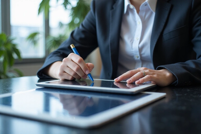 A person filling out a digital form on a tablet, illustrating data collection with a professional and secure feel.