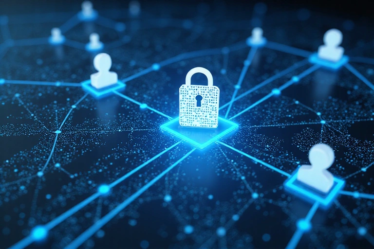 Abstract representation of data flow and analysis, showing secure connections and insights being generated from information.