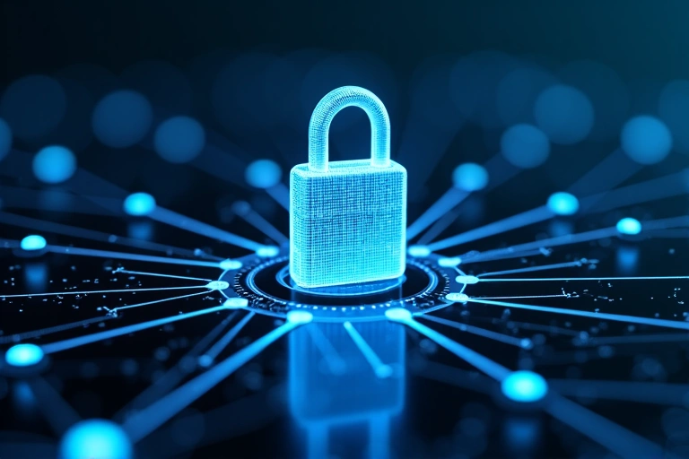 Digital padlock icon on a network background, symbolizing robust data security measures.