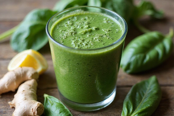 A close-up of a glass filled with a green smoothie, fresh spinach leaves, and ginger on a wooden table