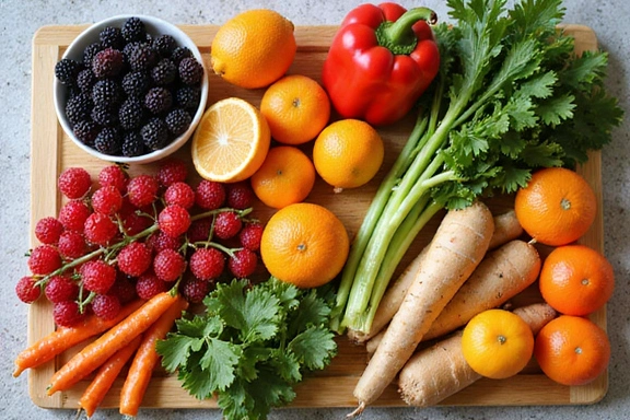 A colorful array of fresh fruits and vegetables neatly arranged on a cutting board, ready for meal prep