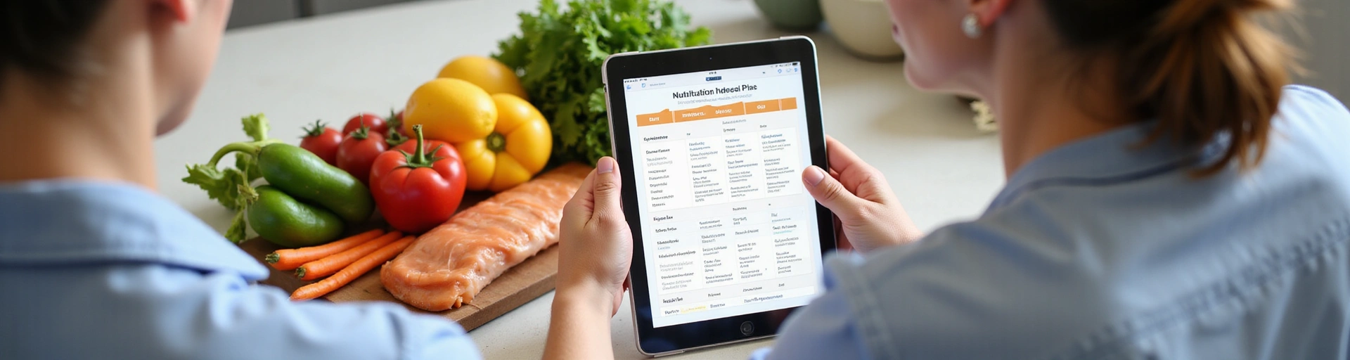 A person reviewing a personalized meal plan on a tablet, with fresh ingredients on a kitchen counter