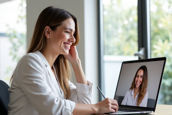 A woman having an online video consultation with a nutritionist on her laptop, smiling and taking notes