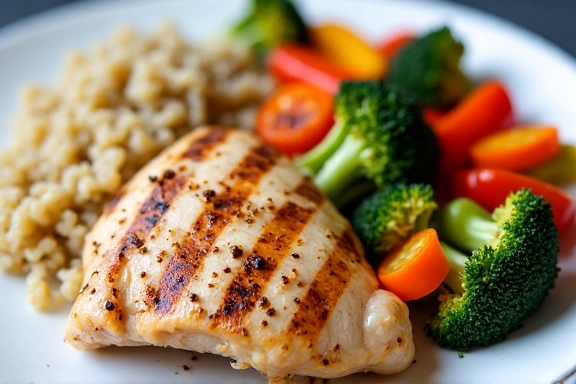 A balanced meal with grilled chicken, quinoa, and colorful roasted vegetables on a plate